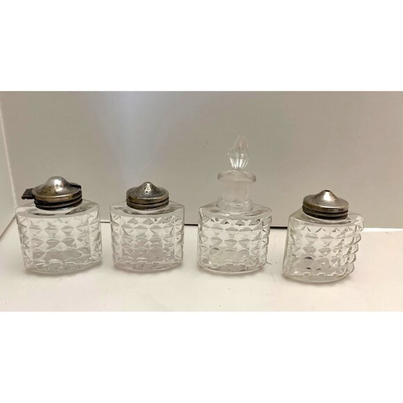Antique Cruet Set 4 Pressed Glass Containers Celtic Quality Plate Rotating Base - Picture 7 of 8